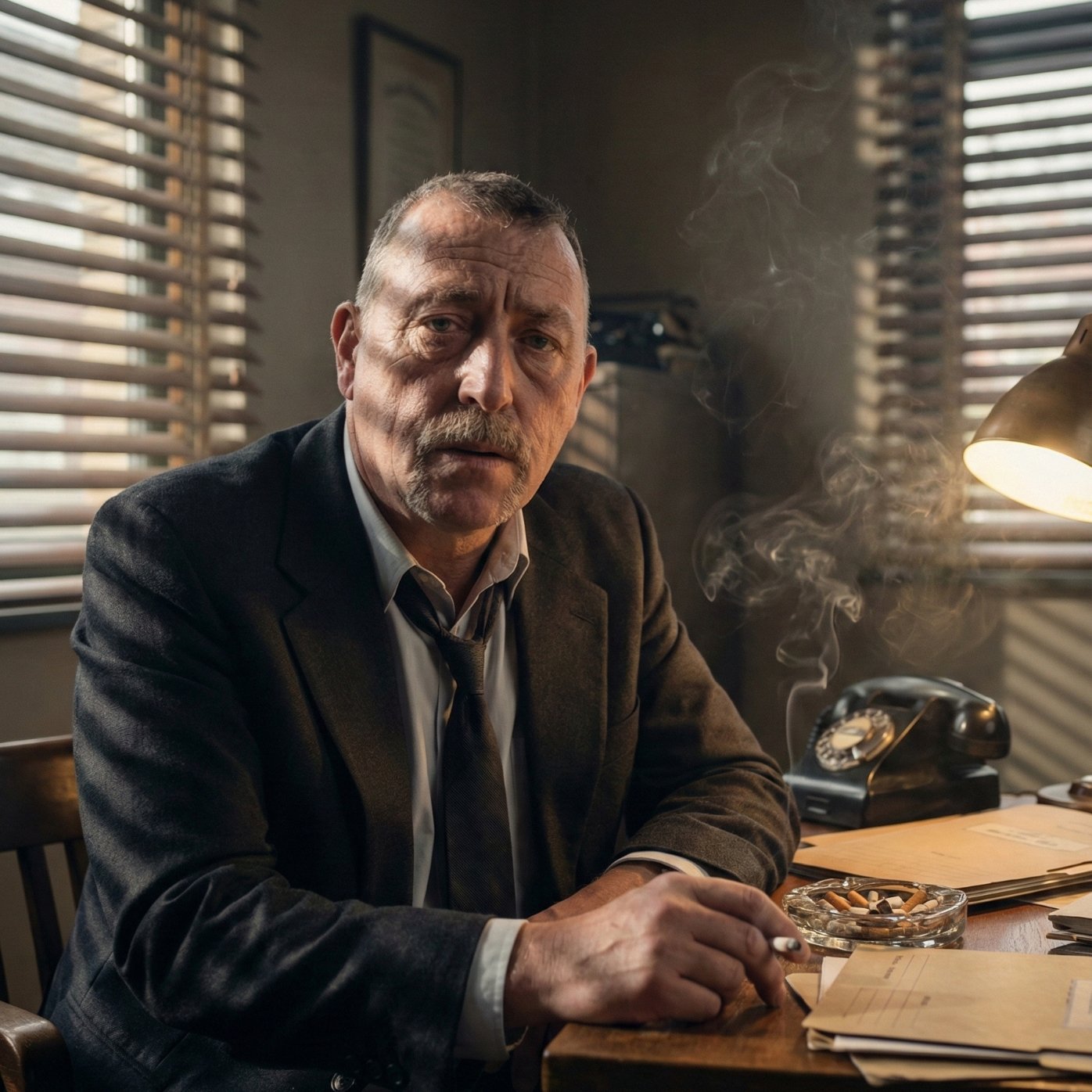 Older man smoking at desk in dim office
